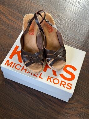 Michael Kors Dark Brown Leather Espadrille Wedge Sandals